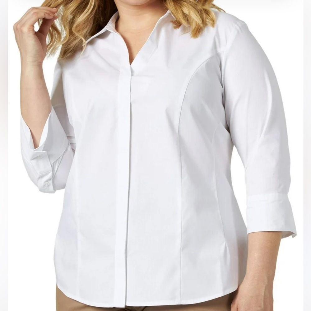 Riders by Lee Easy Care White Button Front Sleeve Notch Sleeve Shirt Blouse CC